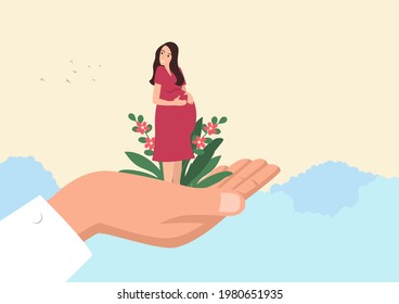 Simple Flat Vector Illustration Of Giant Hand Holding A Pregnant Woman, Prenatal Care, Healthy Pregnancy Concept