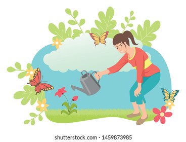 Simple flat vector illustration of a girl watering plant.