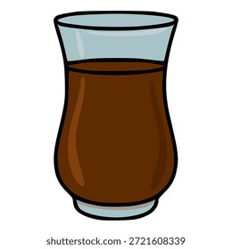 Una Ilustración vectorial simple y plana de un vaso lleno de líquido marrón oscuro, posiblemente té o té, con un borde azul claro y un fondo blanco.