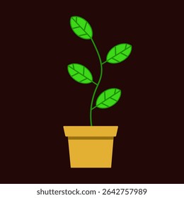 Simple flat vector illustration of a green plant in a brown pot with dark background. Minimalist design suitable for icons, apps, or web use.
