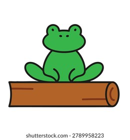A simple flat vector illustration of a green frog sitting on a brown log isolated on a white background