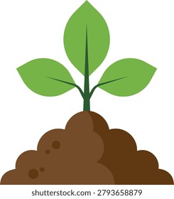 Simple flat vector illustration of a green plant seedling growing from a pile of brown soil.