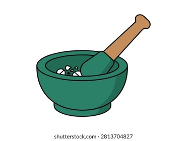 A simple flat vector illustration of a green mortar and pestle containing small white medicinal pills or tablets.