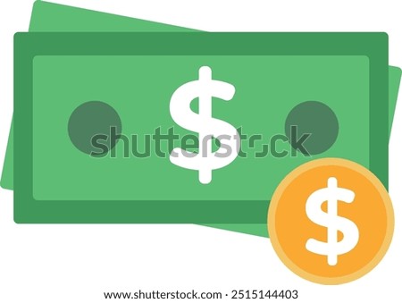 A simple, flat vector illustration of a green bill with a dollar sign and a golden coin with a dollar sign. This image represents money, finance, wealth, and currency.