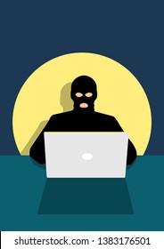 Simple flat vector illustration of a hacker behind laptop computer