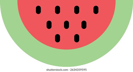 Simples ilustração vetorial plana de meia fatia de melancia, projetado com polpa vermelha vibrante, sementes pretas e uma casca verde, perfeito para projetos com temas de comida, conceitos de verão e visuais de frutas frescas