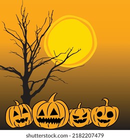 Simple flat vector illustration of Halloween pumpkin carved and silhouette tree and moon in dark night