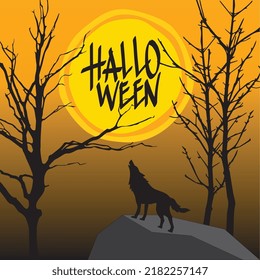 Simple flat vector illustration of Halloween poster of wolf howling to full moon with tree silhouette background