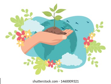 Simple flat vector illustration of a hand holding a young tree with world illustration as the background. Go green, save the planet, earth day concept.