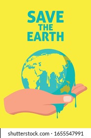 Simple flat vector illustration of hand holding melting earth, global warming, Earth Day, save the earth concept