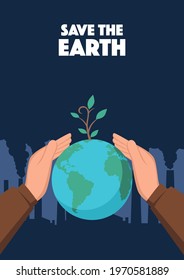 Simple flat vector illustration of hand covering planet earth with young plant from factory pollution. Earth day. Save the earth concept