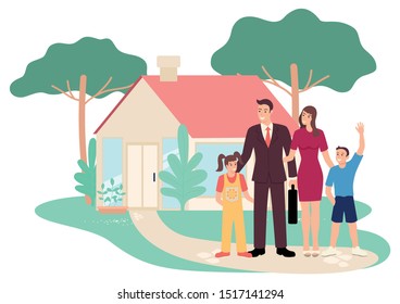 Simple flat vector illustration of happy family in front of their house