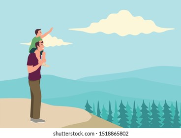 Simple flat vector illustration of happy father and son on top of the mountain