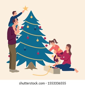 Simple flat vector illustration of happy family decorating Christmas tree