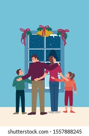 Simple flat vector illustration of happy family in front of the window during winter time, Christmas theme.