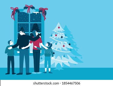 Simple Flat Vector Illustration Of Happy Family In Front Of The Window During Winter Time, Christmas Theme.