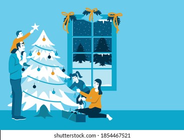 Simple flat vector illustration of happy family decorating Christmas tree