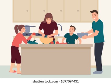 Simple Flat Vector Illustration Of Happy Family Having Fun Cooking At Home Together