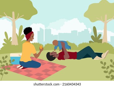 Simple flat vector illustration of happy black family playing with their baby in the city park