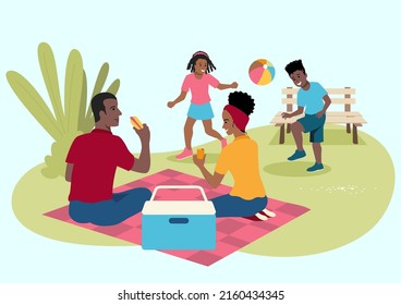 Simple flat vector illustration of happy black family on picnic