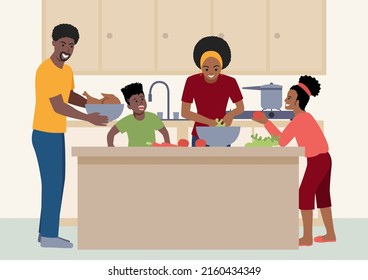 Simple Flat Vector Illustration Of Happy Black Family Having Fun Cooking At Home Together