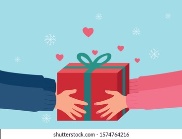 Simple flat vector illustration of human hands giving present, for Christmas, valentine, anniversary theme and background