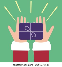 Simple flat vector illustration of human hands giving present, for Christmas, valentine, anniversary theme and background. The concept of giving and receiving a gift.