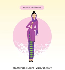 Simple flat vector illustration of Indonesian woman wearing traditional Kebaya from Jakarta, Batik Betawi and scarf svg