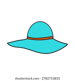 A simple flat vector illustration of a light blue wide-brimmed sun hat or floppy beach hat with a brown ribbon accent, isolated on a white background. Perfect for summer and travel concepts.