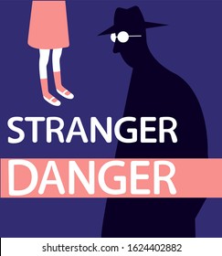 Simple flat vector illustration of male stranger and young girl. Stranger danger warning. Risk of child abuse and kidnapping by unknown people online and in the street