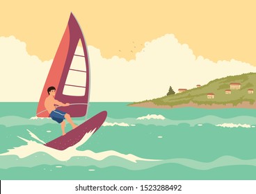 Simple flat vector illustration of a man windsurfing, extreme sport, leisure activity, vacation concept