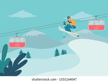 Simple flat vector illustration of man skiing on snowy mountain resort
