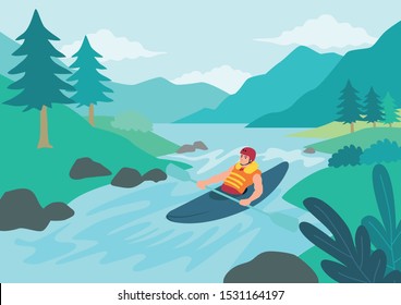 Simple flat vector illustration of man kayaking