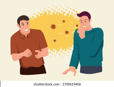 Simple flat vector illustration of a man afraid of his friend sneezing in front of him. Coronavirus covid-19 infographic. Cartoon style illustration