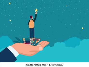 Simple flat vector illustration of a man hand lifting up a school boy to reach for the star, education, parents responsibility concept