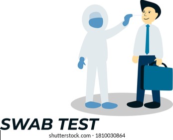 Simple Flat Vector Illustration of A Man Wearing Personal Protective Equipment Doing Swab Test to The Worker in Office. Prevention to the Spread of COVID-19 Coronavirus. Swab Test Vector Illustration