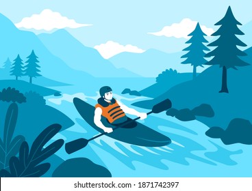 Simple flat vector illustration of man kayaking