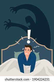 Simple flat vector illustration of a man wake up in the middle of the night, stressed and scared from nightmare. Anxiety, panic attack, sleeping disorder concept