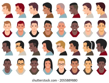 Simple flat vector illustration of men faces, men head avatar set