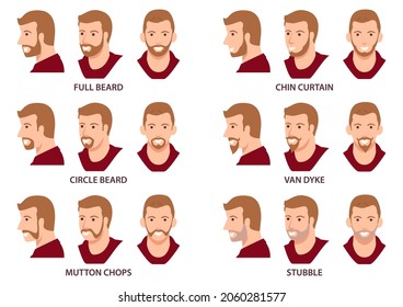 Simple flat vector illustration of men faces with facial hair, men head avatar set