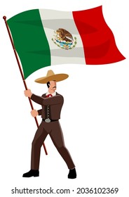 Simple flat vector illustration of Mexican man in sombrero and traditional costume holding the flag of Mexico