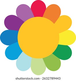 Simple flat vector illustration of a multicolor flower with each petal in a different color and a yellow center, no lines, kawaii style  