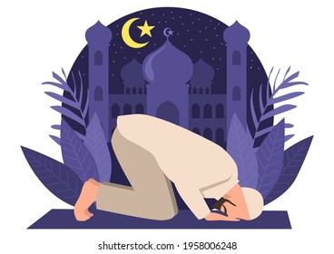 Simple flat vector illustration of a muslim man praying, Islam and Ramadhan theme vector