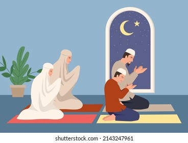 Simple Flat Vector Illustration Of Muslim Family Praying Together