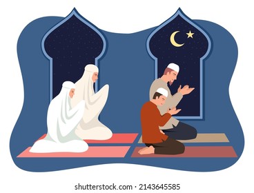 Simple flat vector illustration of muslim family praying together