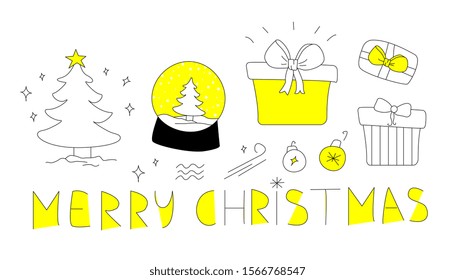 Simple flat vector illustration. New Years eve concept. Traditional celebration set of isolated elements. Yellow black cartoon. Hand lettering mery christmas. Gift, tree, star, wave, waterglobe