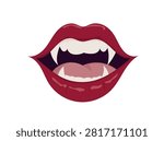 Simple flat vector illustration of open vampire lips with sharp fangs, glossy red lipstick, and an eerie Halloween style, isolated on a white background for spooky designs.