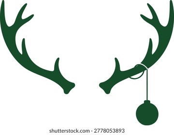 A simple, flat vector illustration of a pair of deer antlers in dark green, with a Christmas ball ornament hanging from one side, isolated on white.