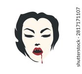 Simple flat vector illustration of a pale female vampire face with black hair, red lips, sharp fangs, and dripping blood, isolated on a white background for Halloween designs.