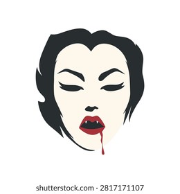 Simple flat vector illustration of a pale female vampire face with black hair, red lips, sharp fangs, and dripping blood, isolated on a white background for Halloween designs.